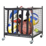 Snail Sports Ball Storage Rolling Cart Lockable Sports Ball Storage Rack with Elastic Straps, Stackable Ball Cage for Garage Storage Organizer, Black