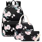 Kouxunt Floral Girls School Backpacks for Kids Teens, 3-in-1 School Bag Bookbags Set with Lunch Bag Pencil Case