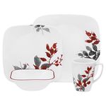 Corelle 16-Piece Vitrelle Glass Kyoto Leaves Chip and Break Resistant Dinner Set, Service for 4, Red/ Grey