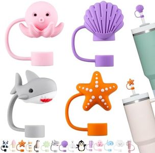 LONPARRY 4-Pack Straw Caps for Stanley Cup,Silicone Straw Cover fits Stanley 0.4 Inch Straws,Reusable Straw Toppers for Stanley Cup Accessories, Food Grade, 1Shark+1Octopus+1Seashell+1Starfish