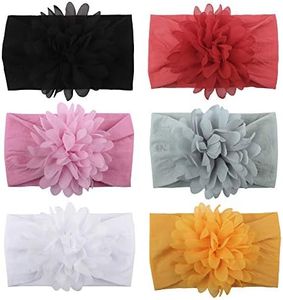 LERTREE 6 Pack Baby Girl's Headbands with Chiffon Flowers Soft Headwraps Caps Infant Head Bands, Black, White, Red, Pink, Gray, Orange, One Size