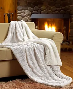 Tache White Ivory Super Soft Warm Polar Faux Fur with Sherpa Throw Bed Blanket Queen Size 90 x 90