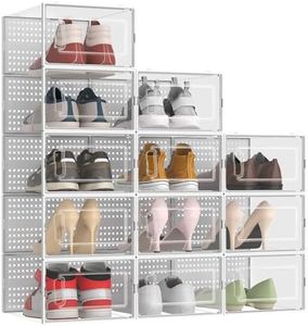12 Pack XXX-Large Modular Clear Plastic Stackable Shoe Storage Organizer for Closet, Space Saving Versatile Sneaker Shoe Rack Containers Bins Holders, Portable Closet Organizers and Storage, White