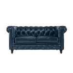 MODERN WAVE Classic Italian Leatherette 2 Seater Chesterfield Sofa Chaise Lounge Sectional Sofa for Living Room Bedroom Office. (Blue)