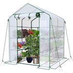 VOUNOT Walk In Greenhouse with Shelves, Roll up Zip Panel Door Garden Plastic Polytunnels Grow House for Outdoor Use, White 143x143x195cm