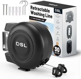 DSL Retractable Washing Line - 30m Heavy Duty Twin Cable, Wall Mounted Extendable Laundry Clothes Airer Indoor and Outdoor Use - 2 x 15m Drying Double Clothes Line - Black