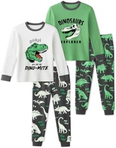 Yoofoss Toddler Pajamas 100% Organic Cotton 4 Piece Long Sleeve Fall Pajama Set Kids Pajamas for Boys Girls Snug Fit Pjs Set, Green Black Dinosaur, 6Y