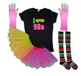 Honey B's I Love 90s Neon Tutu Set Socks 90's Ladies Fancy Dress T-Shirt Gloves (Small, Rainbow)