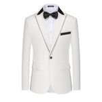 WEEN CHARM Mens Blazer Slim Fit Suit Jacket Notch Lapel Casual Lightweight One Button Sport Coat with Bow Tie White