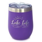 Lake Life - Wine Tumbler with Sliding Lid - Stemless Stainless Steel Insulated Cup - Cute Outdoor Camping Mug - Purple