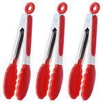 HINMAY 7-Inch Mini Silicone Tongs Small Serving Tongs for Appetizers, Set of 3 (Red)