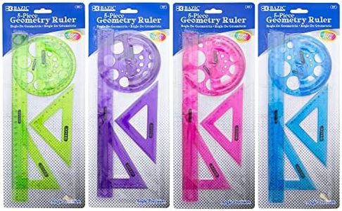 BAZIC Products Math Geometry Set 5 Pieces, Compass180 Degree 360 Degree 12", Ruler, 2 Triangle Rulers, Plastic Clear Measuring Sets, 144-Packs