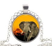 Elephant Necklace Pendant, Silver African Savanna Sunset Animal Jewelry Wildlife Gift for Her