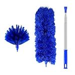 2 Pcs Feather Dusters, Extendable Feather Duster with Stainless Steel Long Extension Pole, Microfiber Domed Corner Cobweb Dusters for Cleaning Spider Webs, Cars, Blinds, Ceilings, Fans - Blue