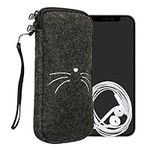 kwmobile Felt Phone Pouch Size XL - 6.7/6.8" - Zippered Universal Bag with Zipper and Embroidered Design - Meow Meow White/Dark Grey