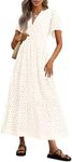 PRETTYGARDEN Womens 2025 Summer Maxi Dress Short Sleeve V Neck Hollow Out Eyelet A Line Long Flowy Beach Vacation Dresses (Beige White,Small)