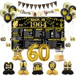 DARUNAXY 60th Birthday Party Decorations for Men Women, Black Gold Back in 1964 Banner, Gold 60 Number Balloons & Cake Topper, Vintage 1964 60 Birthday Honeycomb Hanging Swril Confetti Balloons(27PC)