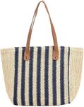 MAIRO LIFESTYLE Womens Straw Wicker Handmade Boho Summer Beach Tote Bag (Blue Stripe)