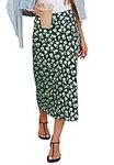 HERBATOMIA Women’s Long Green Floral Print Skirt Vintage Midi Boho Casual High Elastic Waist Zipper Skirts for Women