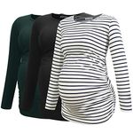 Smallshow Women's Maternity Shirts Long Sleeve Pregnancy Clothes Tops 3-Pack Medium Black-Deep Green-White Stripe