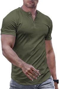 JMIERR Mens Muscle Slim Fit Button Henley Shirts Summer Crewneck Short Sleeve Longline Fitted T-Shirt Gym Workout Athletic Tees Shirt for Man, 4XL, Moss Green