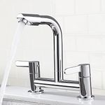 Kitchen Mixer Tap 2 Hole with 360° Aerator, Swivel Sink Bridge Taps Monobloc Dual Lever Faucet, 180mm Centres Deck Mounted with G1/2 Hose UK Standard Fittings (Chrome)