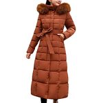 Iuyhau Women's Long Winter Coat with Belt Hooded Puffer Coat Warm Waterproof Puffy Jackets with Fur Hood Lightweight Quilted Thickened Long Down Jacket Maxi Down Parka Puffer Coat Padding Coat