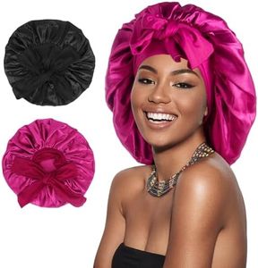 Arqumi Pack of 2 Satin Sleeping Bonnet, Large Satin Sleep Bonnet with Long Strap, Adjustable Sleep Cap Hair Bonnet for Women & Men, Black+Rosy