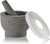 6" Granite Mortar and Pestle - 2-Cup Capacity Unpolished Granite Molcajete w/Silicone Lid - Grinder & Crusher for Mixing, Blending, Grinding, Serving, Spices Herbs, Guacamole, Salsa, Sauces & More