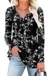 Aodemo Women's Fall Henley V Neck Button Up Tunic Tops Flowy Long Sleeve T-Shirts Plus Size Blouse 3XL, Black Carving Flower