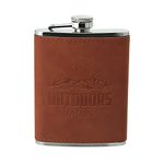 Pavilion - Outdoors Man - 8 oz Stainless Steel PU Leather Flask Outdoorsy Woodsy Hike Camping Mountain Men Hiker Unique Gift