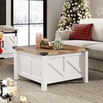 WAMPAT Farmhouse Coffee Table, Square Wood Center Table with Gas Struts Flip-Top for Extra Large Hidden Storage, Metal Bracket Corner, White&Oak, 30x30x18 Inch