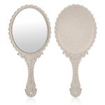 Handheld Mirror, YUSONG Vintage Makeup Hand Mirror with Embossed Flower Portable Antique Travel Personal Cosmetic Mirror with Powder Puff (Ivory White)