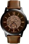 Fossil Men's Townsman Automatic Stainless Steel and Leather Three-Hand Skeleton Watch, Color: Black, Dark Brown (Model: ME3155)