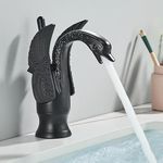 B Backline Brass Swan Shape Bathroom Sink Wash Basin Mixer Tap Single Handle Hot & Cold Waterfall Lavatory Sink Faucet for Living Room & Bathroom (Black Tap Short)