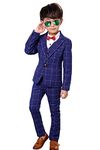 Boys Plaid Suit Blue Formal Outfits Slim Fit, Blazer Vest Pants Bow Tie Kids Tuxedo (Blue, 10)