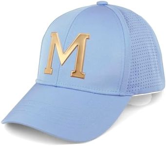 Daxton Performance Cool Tech Baseball Hat - Light Blue Cap, Gold Logo Letter M