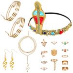 GSrenyu 19 Pcs Egyptian Costume Accessories Set,Egyptian Cobra Headpiece 2 layer Necklace Swirl Snake Bracelets Earrings 12 Rings,Ancient Egypt Dress Up for Halloween Egyptian Days Vintage Party