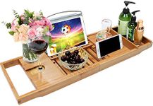 Bamboo Bathtub Caddy Tray Bathroom Bath Tub Tray with Extending Sides Built in Book Tablet Holder Cellphone Tray & Integrated Wineglass Holder and Other Accessories Placement