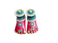 OnDec Lakshmi/Ma Laxmi Small Charan Paduka Handmade Terracotta Clay with Stone Work Decorative (One Pair) (Sky Blue with Red)