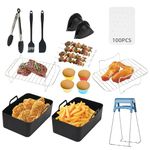 Air Fryer Accessories, Beslands 12-Pcs Set Air Fryer Liners for Ninja Dual Air Fryers, Reusable Silicone Air Fryer Liners & Gloves, Air Fryer Rack, Paper Lining, Food Tong, Oil Brush