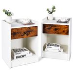 COSTWAY Set of 2 Bedside Tables, Wooden Nightstand Sofa Side Table, Home Living Room Bedroom 2 PCS End Tea Tables Storage Organiser Unit (White, 1 Drawer + 1 Compartment)
