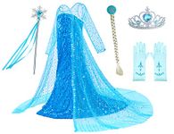 Luxury Princess Dress for Elsa Costumes with Shining Long Cap Girls Birthday Party Blue 4T 5T