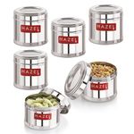 HAZEL Stainless Steel Containers for Kitchen | Top See Through Stainless Steel Airtight Masala Box for Kitchen Storage with Airtight Lid, 700 ML, Set of 6
