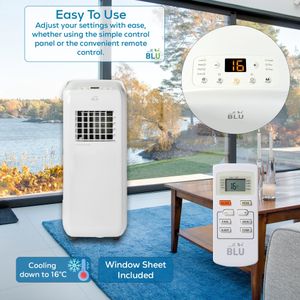 BLU-09 9,000 BTU Portable Air Conditioner – 3-in-1 Dehumidifier & Fan with Remote, UK Window Kit