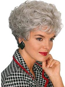 GNIMEGIL Short Grey Wig for White Women Silver Gray Curly Hair Wig Old Lady Costume Wig Grandma Wig Elderly Synthetic Wigs Mommy Granny Cosplay Wig