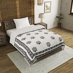 BLOCKS OF INDIA Cotton Single Size Quilt Hand Block Print For Light Winters (60X90 Inches) (Grey Motifs), Lightweight, 300 TC