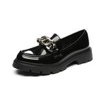 Vera Creation Women's Chunky Platform Loafers with Chain or Buckle Patent Leather Penny Loafers Fashion Business Work Shoes Comfort Slip-on, Black+gold Chain, 8.5