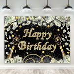 Riyidecor Dollar Bill Theme Birthday Backdrop Black Gold Money Casino Diamond Champagne 7Wx5H Feet Polyester Fabric Luxury Photography Background Boy Men Party Table Decor Banner Studio Photo Shoot