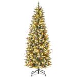 COSTWAY 5 FT/6 FT Pre-Lit Slim Pencil Christmas Tree, Snowy Artificial Xmas Tree with 408/618 Branch Tips and LED Lights, Indoor Festive Decoration Tree (Green+White+Red+Brown, 180 cm)